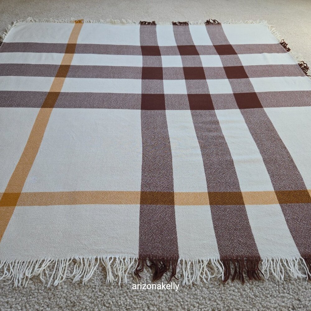 NWOT Burberry Merino Wool Square Scarf with Fringe Tan Brown & Cream - Picture 8 of 14